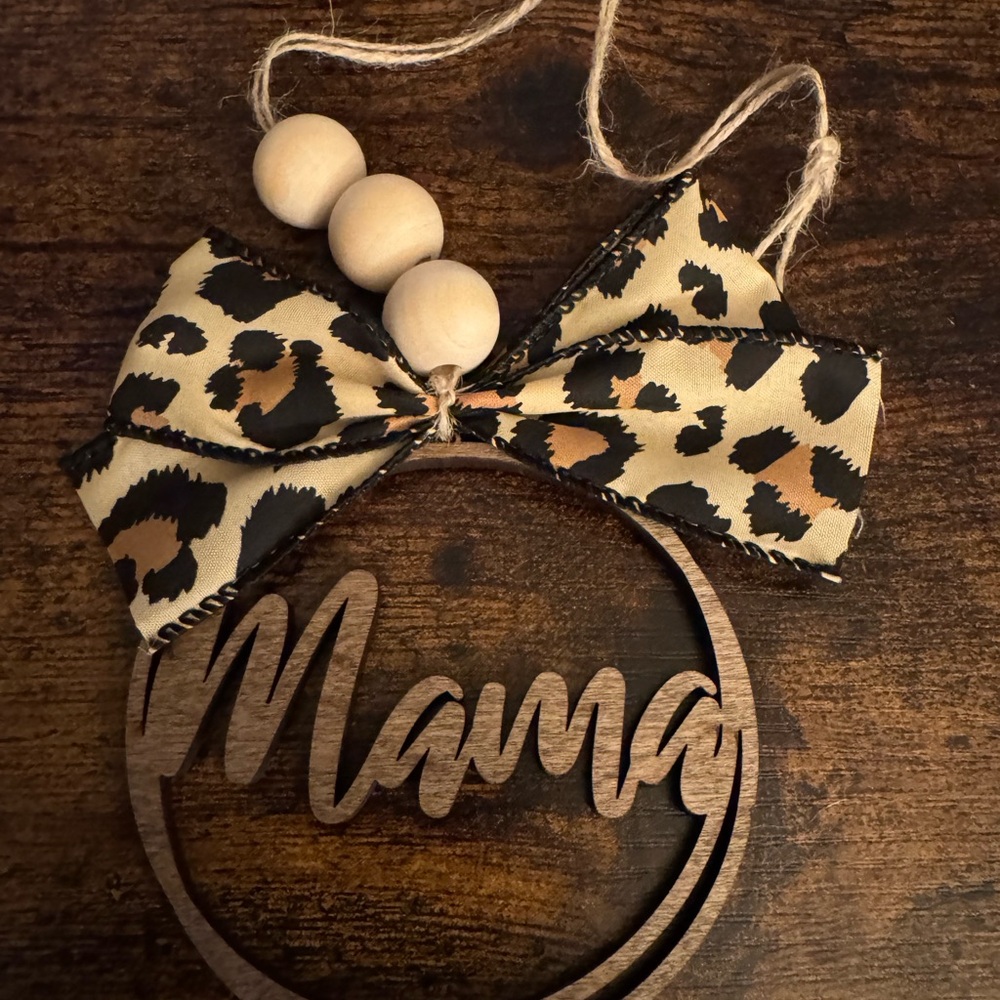 Leopard Print Mama rear view mirror car charm with beads.
